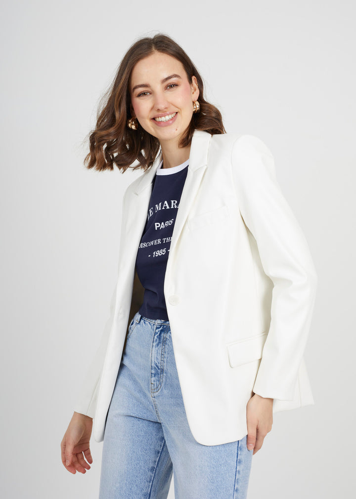 WHITE / LIGHT LEMON FAUX LEATHER BLAZER
