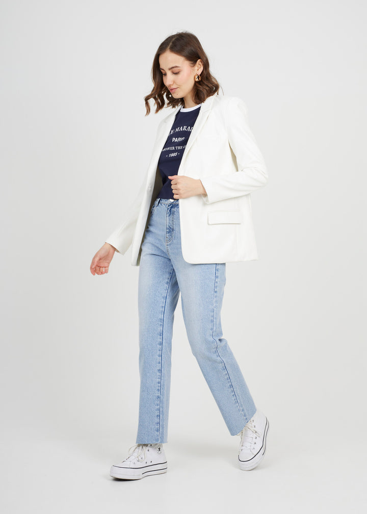 WHITE / LIGHT LEMON FAUX LEATHER BLAZER