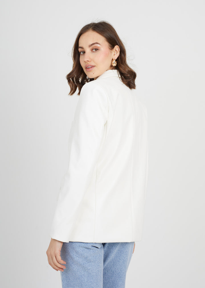 WHITE / LIGHT LEMON FAUX LEATHER BLAZER