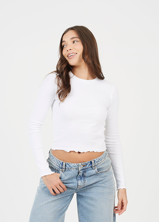 WOMENS WHOLESALE LETTUCE HEM RIBBED LONG SLEEVE TOPS – Whispering