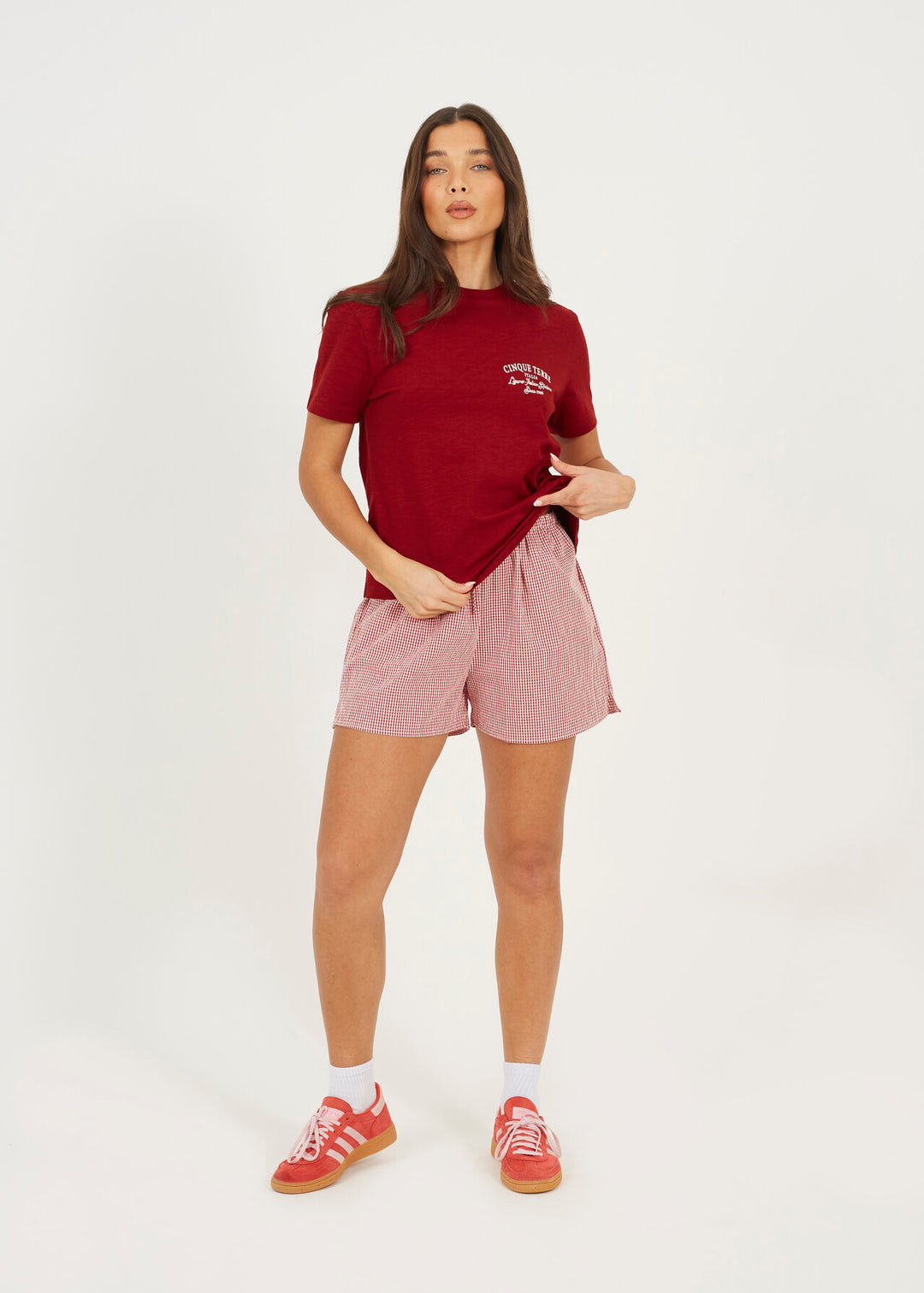 EMBROIDED CREW NECK BOXY T-SHIRT, BURGANDY/CREAM