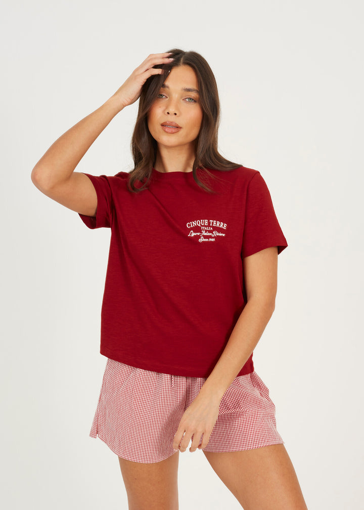 EMBROIDED CREW NECK BOXY T-SHIRT, BURGANDY/CREAM