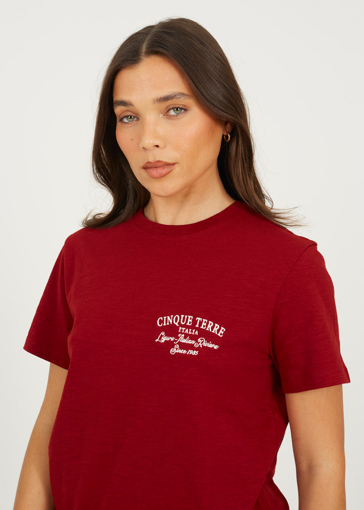 EMBROIDED CREW NECK BOXY T-SHIRT, BURGANDY/CREAM