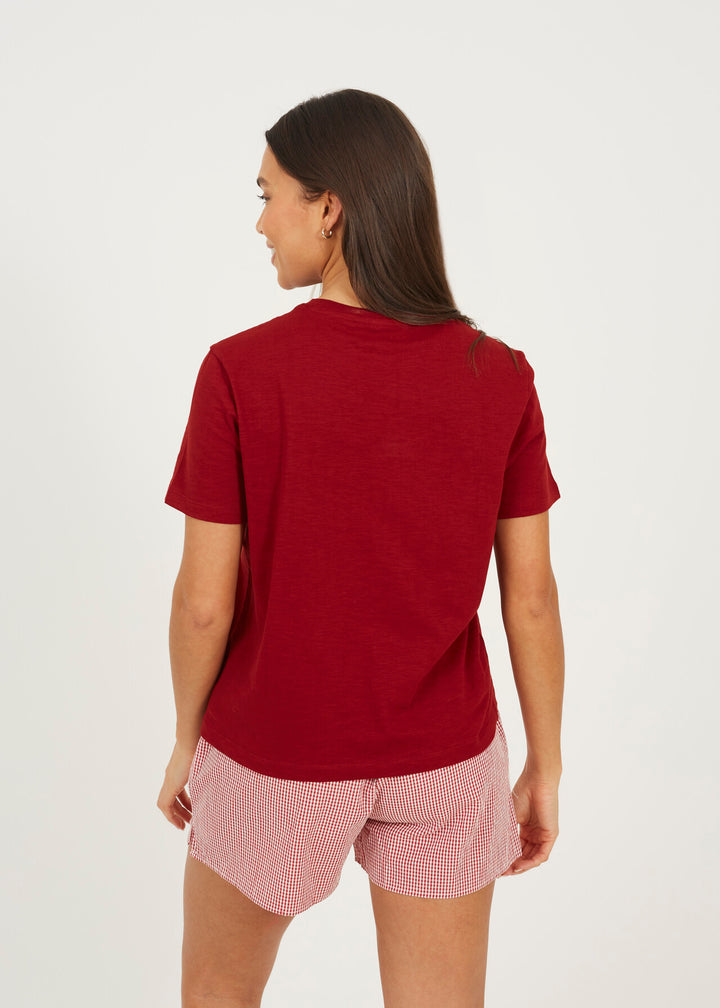 EMBROIDED CREW NECK BOXY T-SHIRT, BURGANDY/CREAM