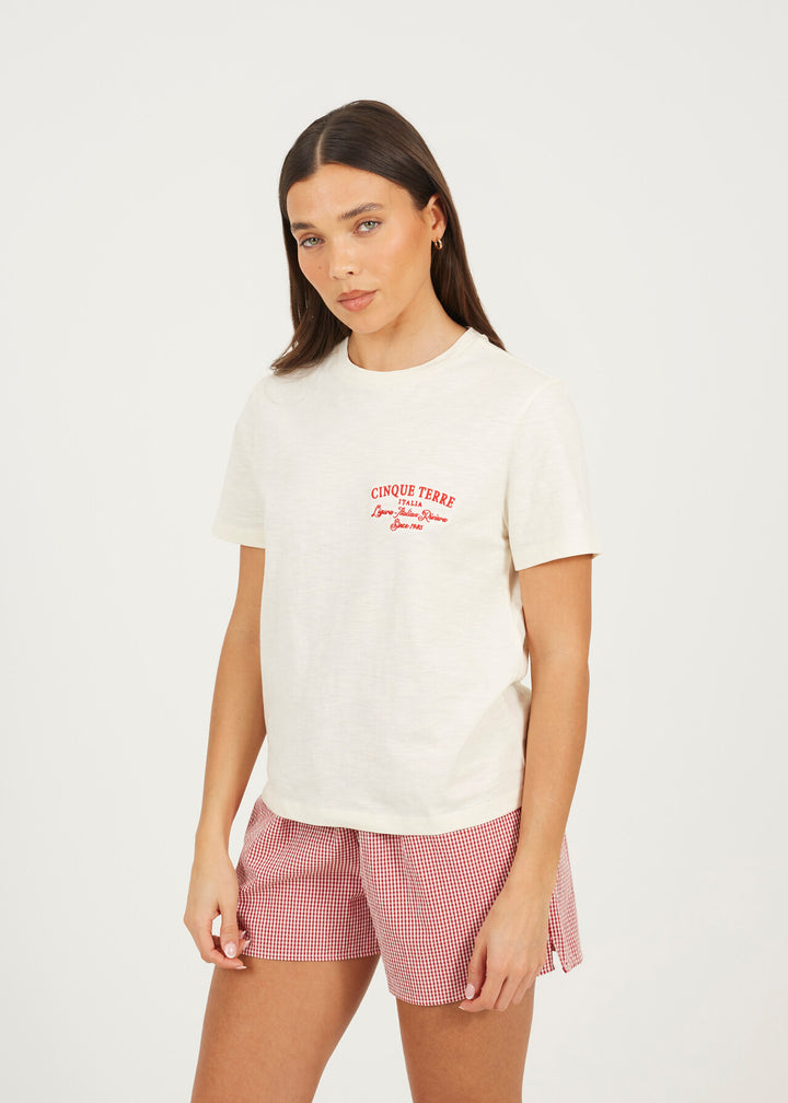 EMBROIDED CREW NECK BOXY T-SHIRT, CREAM/RED