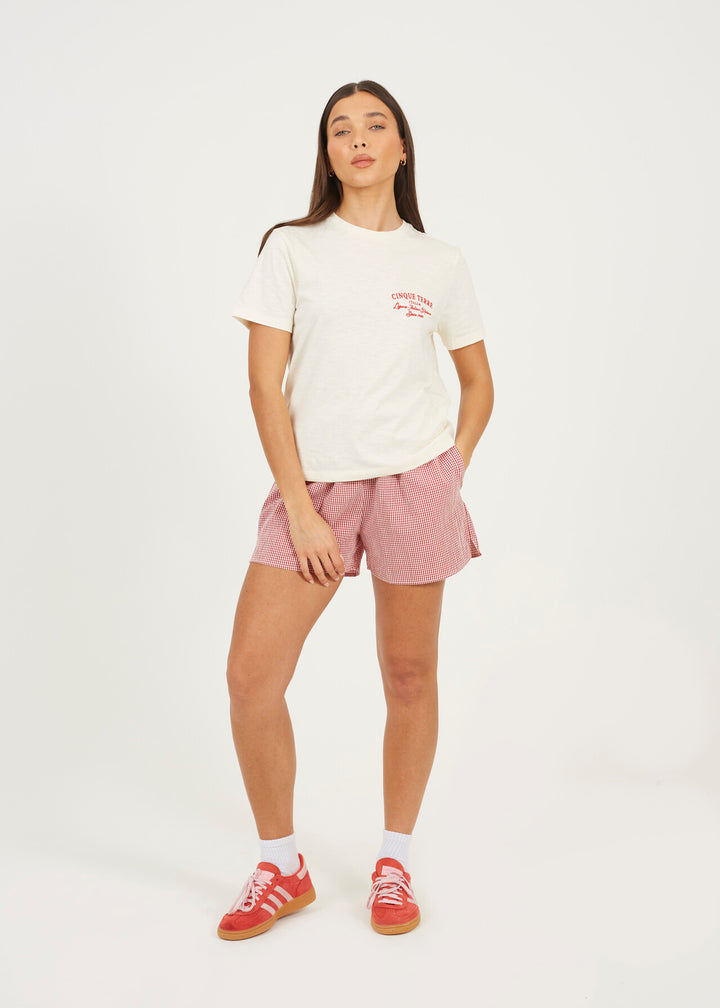 EMBROIDED CREW NECK BOXY T-SHIRT, CREAM/RED