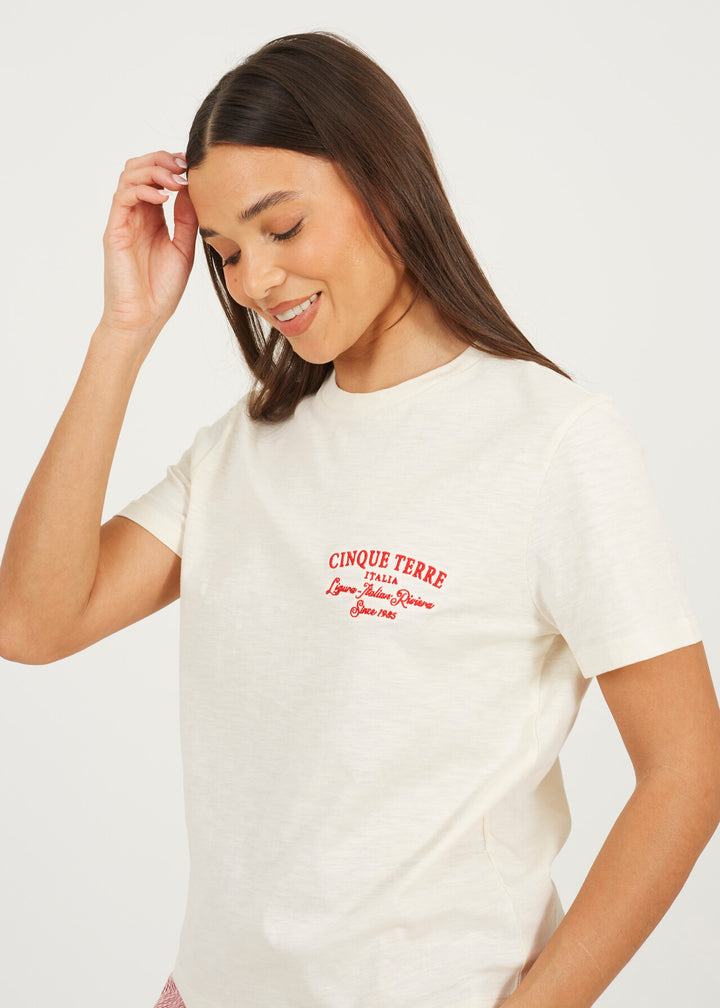 EMBROIDED CREW NECK BOXY T-SHIRT, CREAM/RED