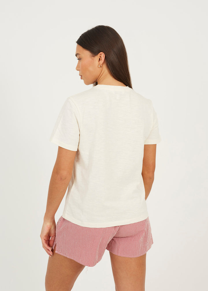EMBROIDED CREW NECK BOXY T-SHIRT, CREAM/RED