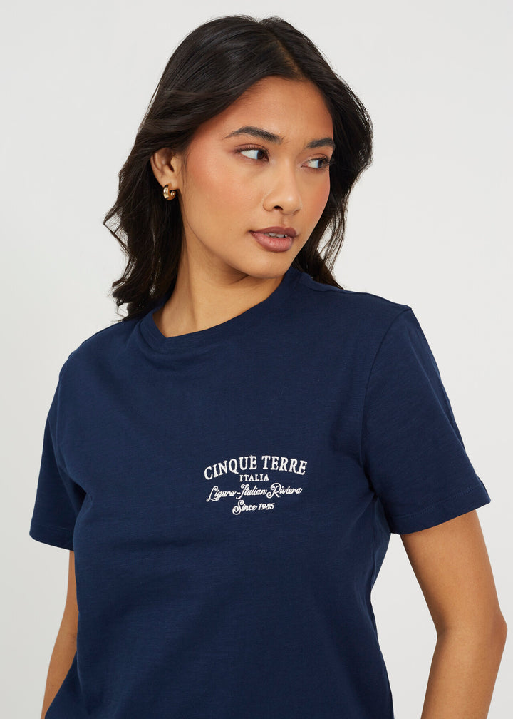 EMBROIDED CREW NECK BOXY T-SHIRT, NAVY/CREAM