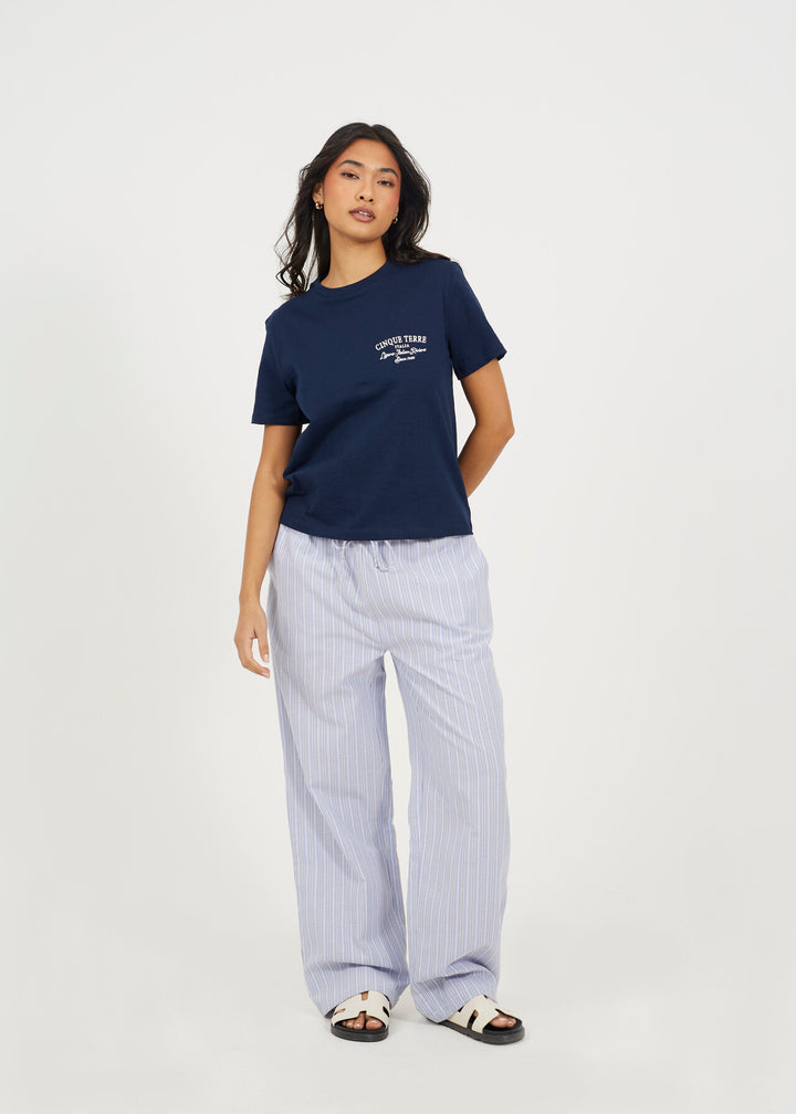 EMBROIDED CREW NECK BOXY T-SHIRT, NAVY/CREAM
