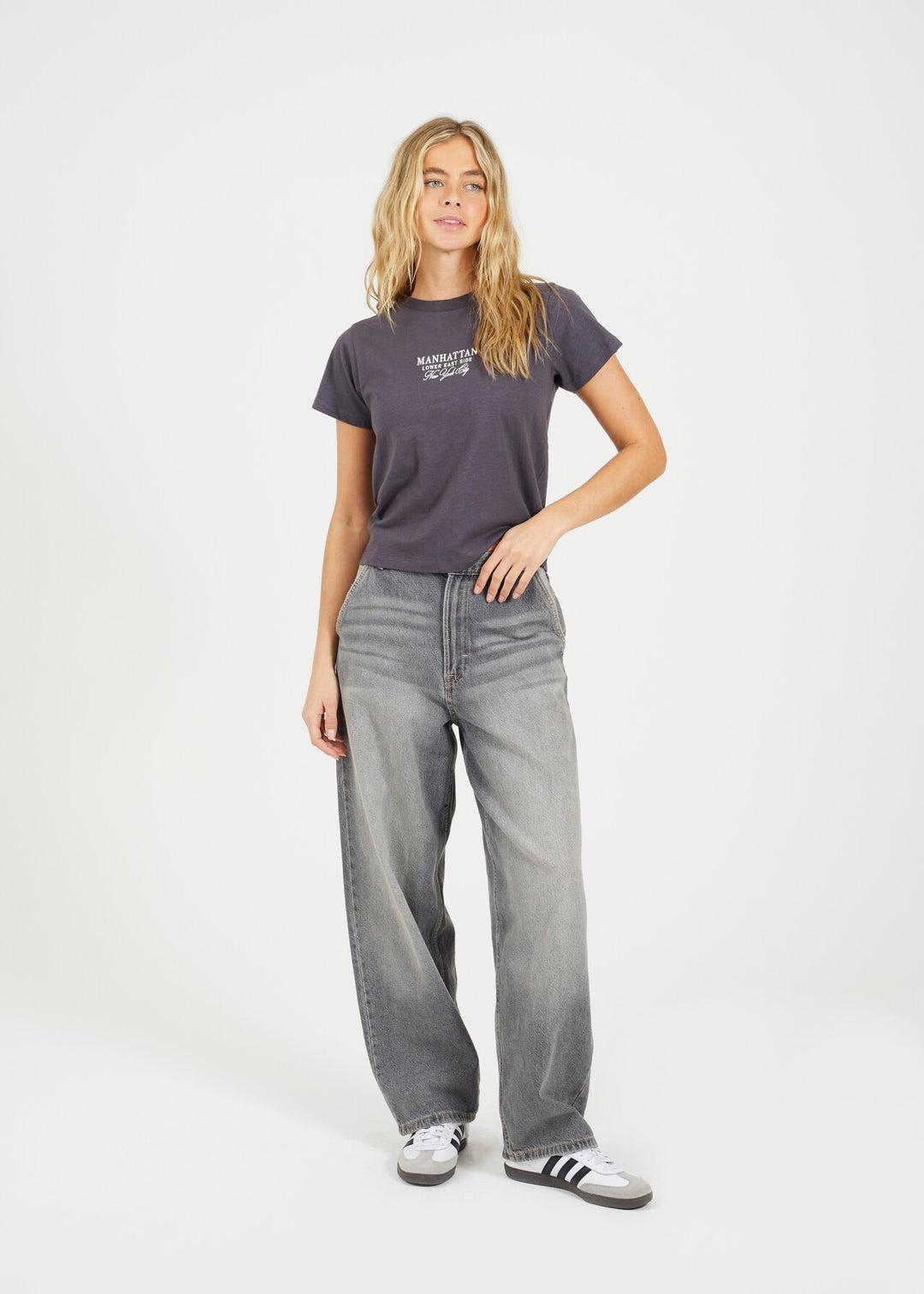 EMBROIDERED SHORT SLEEVE BOXY T-SHIRT, CHARCOAL