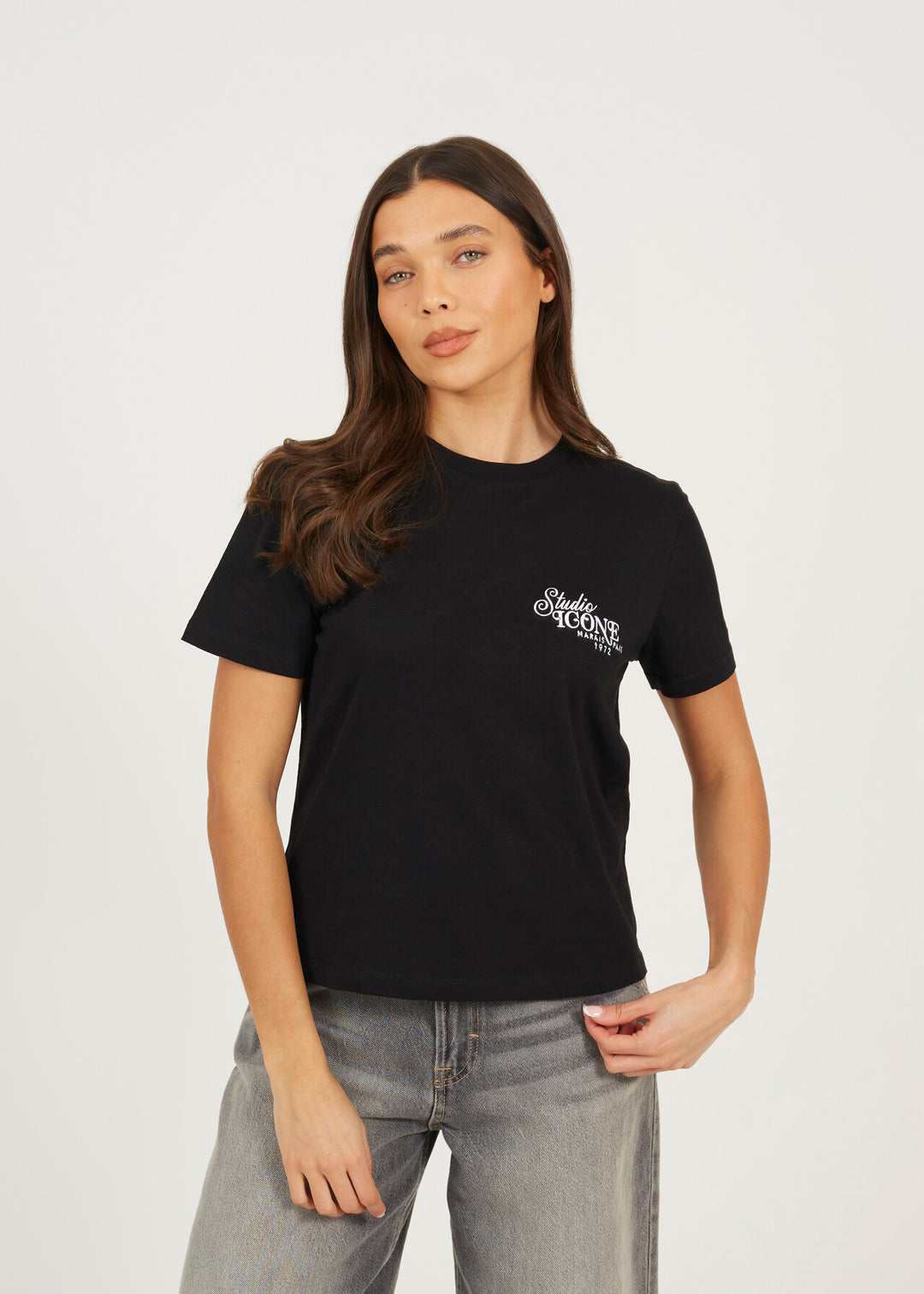 BOXY CREW NECK EMBROIDERED T-SHIRT, BLACK/WHITE