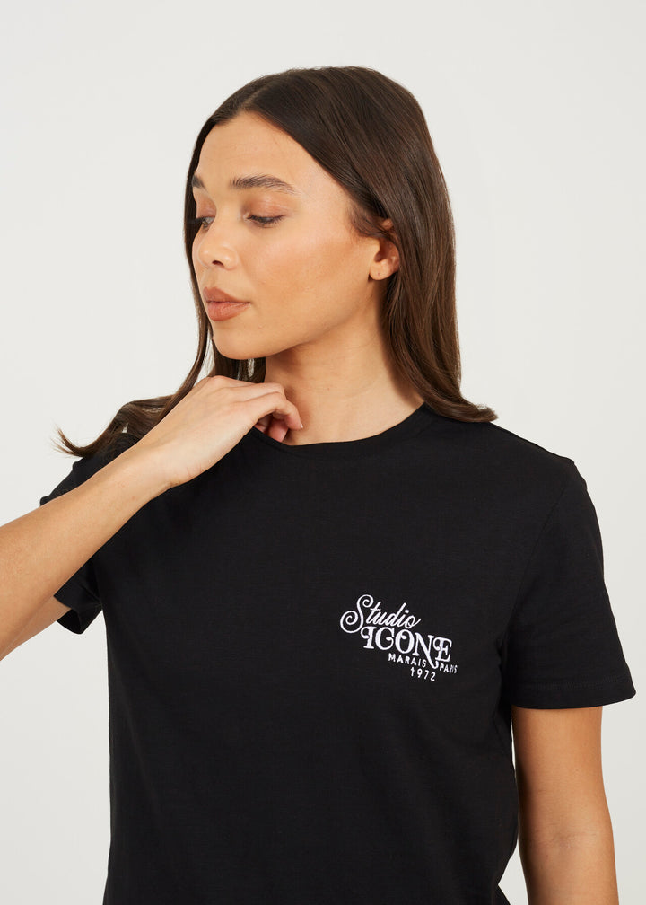 BOXY CREW NECK EMBROIDERED T-SHIRT, BLACK/WHITE