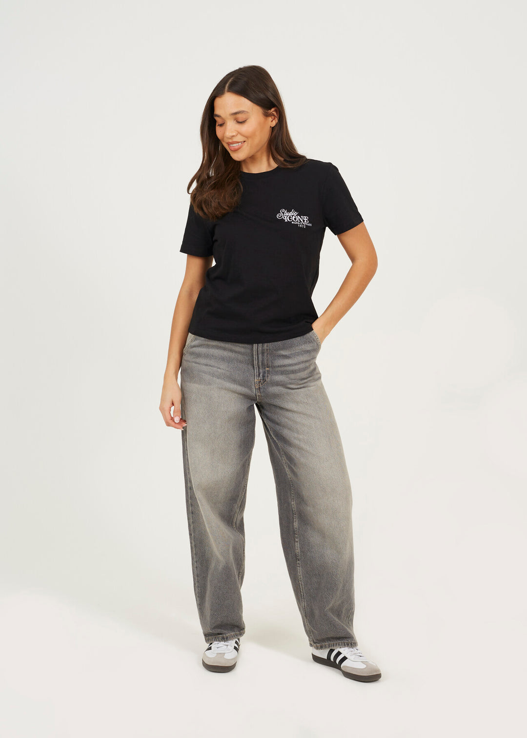 BOXY CREW NECK EMBROIDERED T-SHIRT, BLACK/WHITE