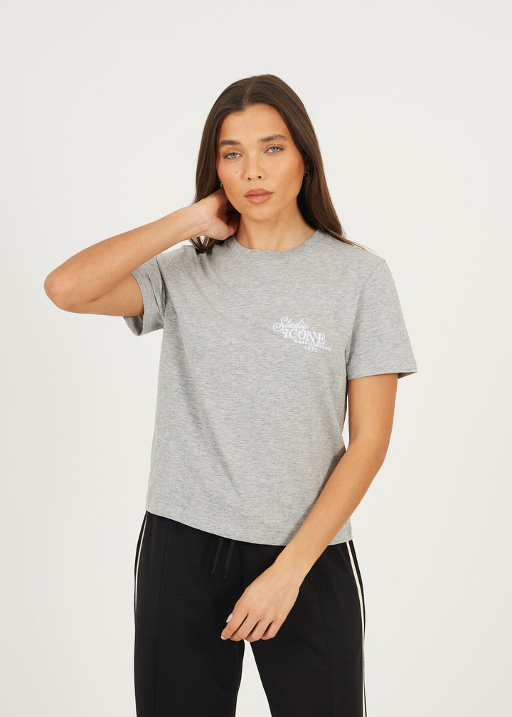 BOXY CREW NECK EMBROIDERED T-SHIRT, GREY MARL/WHITE