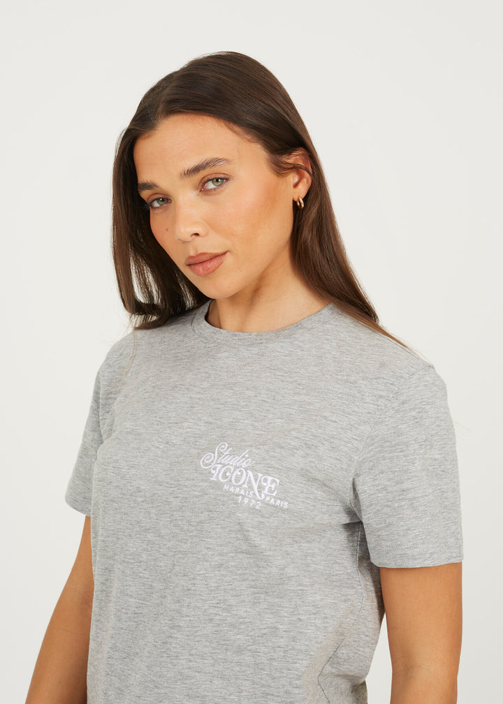BOXY CREW NECK EMBROIDERED T-SHIRT, GREY MARL/WHITE