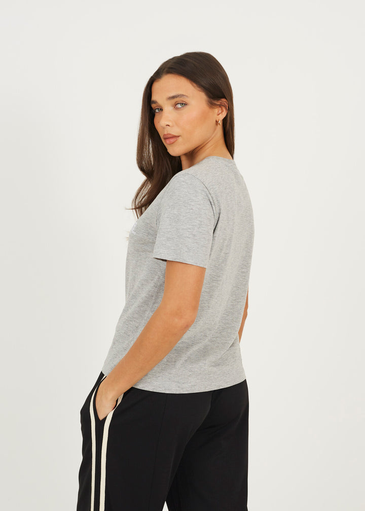 BOXY CREW NECK EMBROIDERED T-SHIRT, GREY MARL/WHITE
