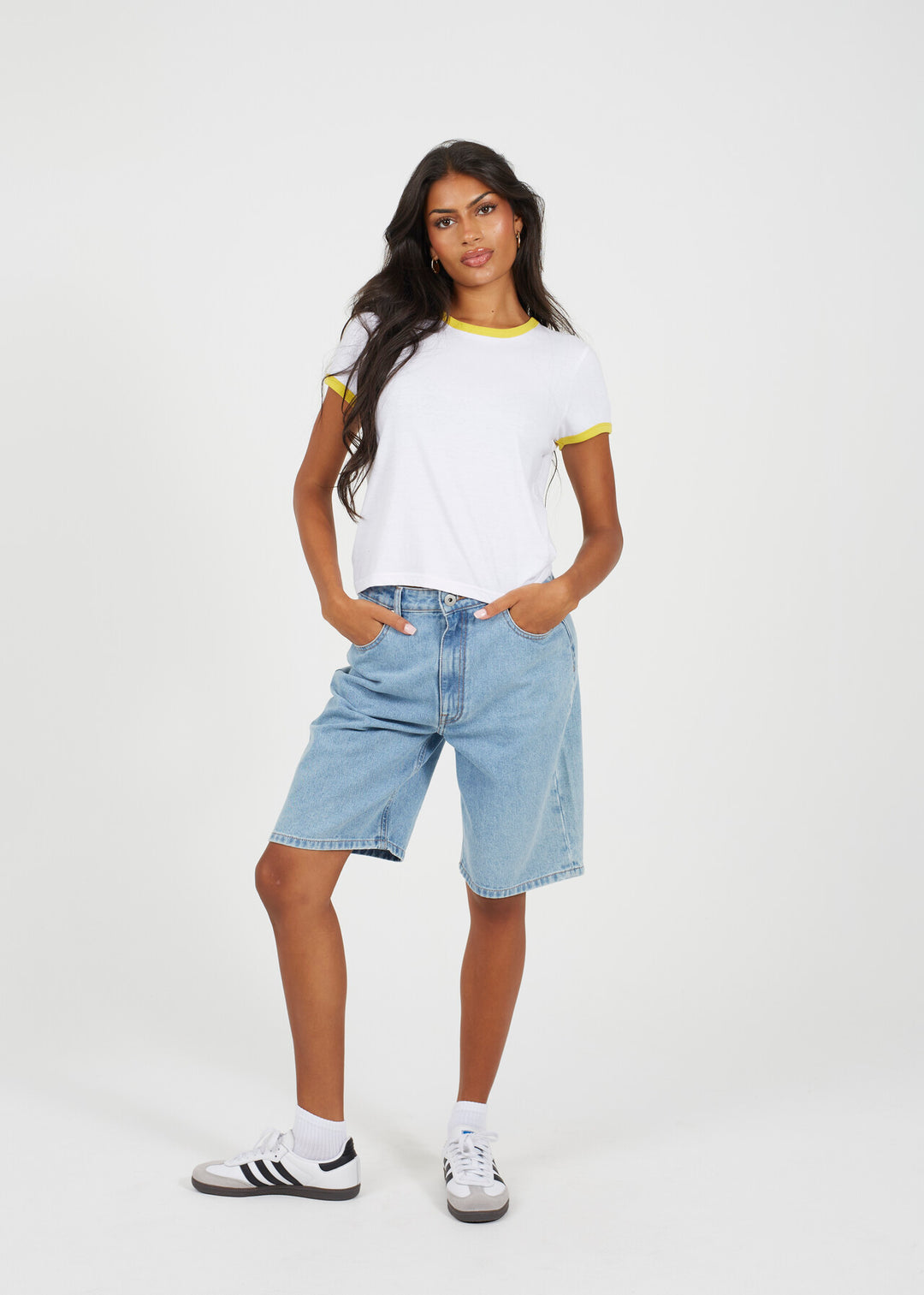 SULPHUR COLOUR RIB TRIM CREW NECK RINGER T-SHIRT