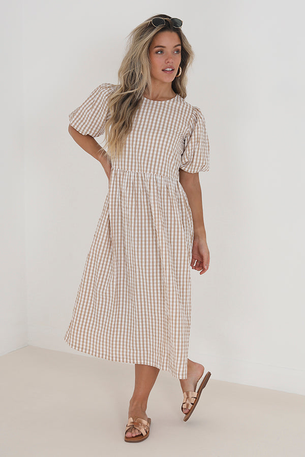 Womens Wholesale Beige Gingham Print Midi Length Woven Dress