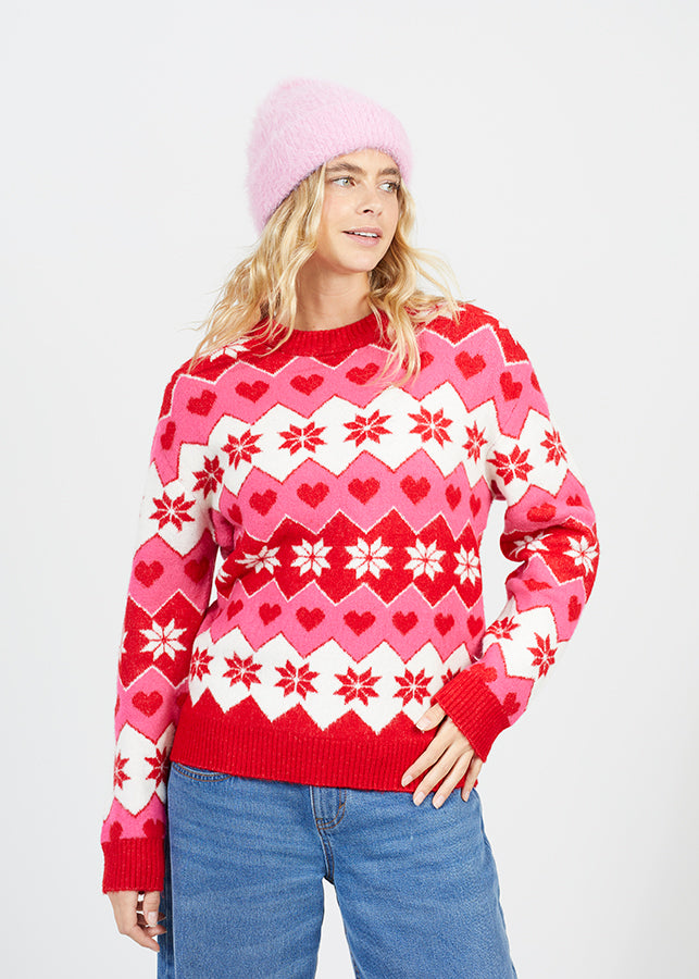 WOMENS WHOLESALE RED AND PINK SNOWFLAKE STRIPE CHRISTMAS JUMPER