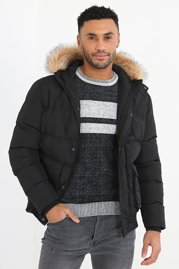 Fur Trim Black Puffer Coat With Faux Fur Hood Mens Wholesale Black