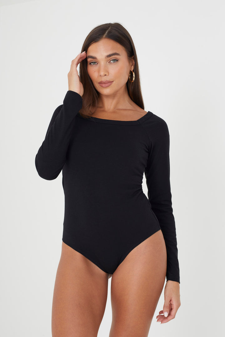 BLACK LONG SLEEVE SQUARE NECK BODYSUIT