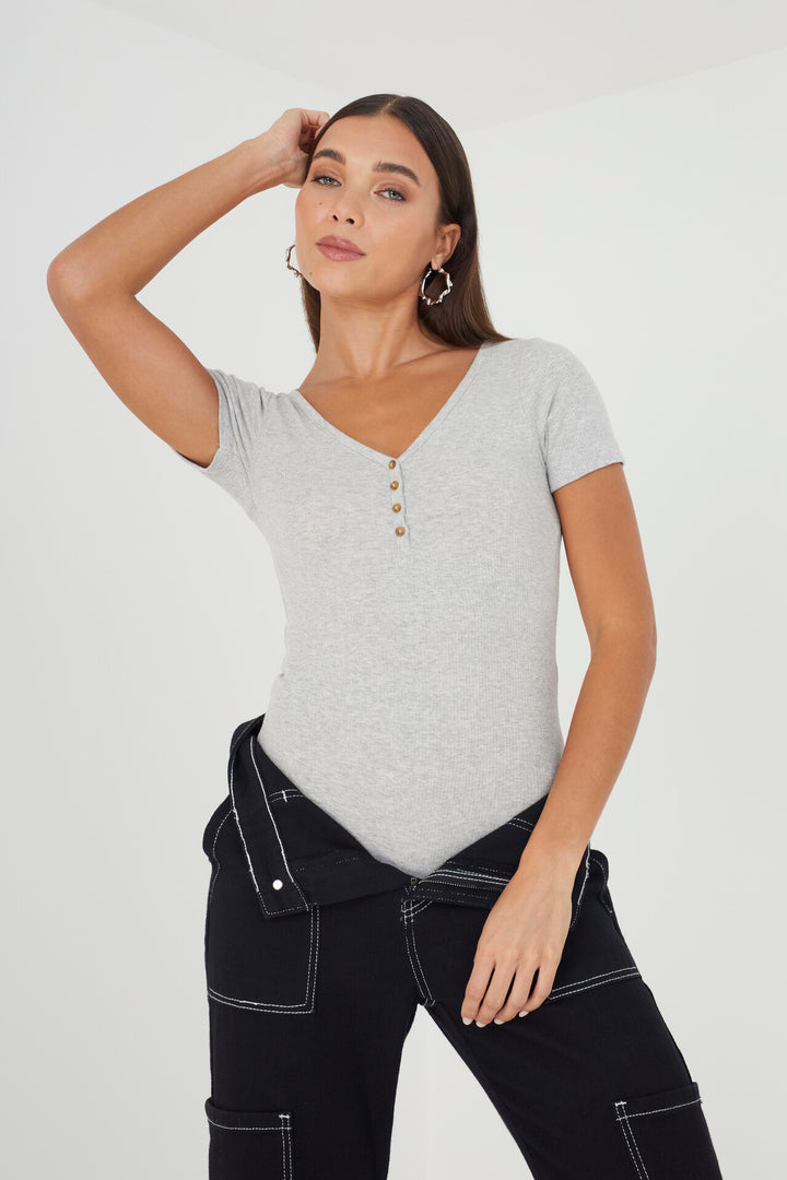 GREY MARL BUTTON DETAIL T-SHIRT RIBBED BODYSUIT