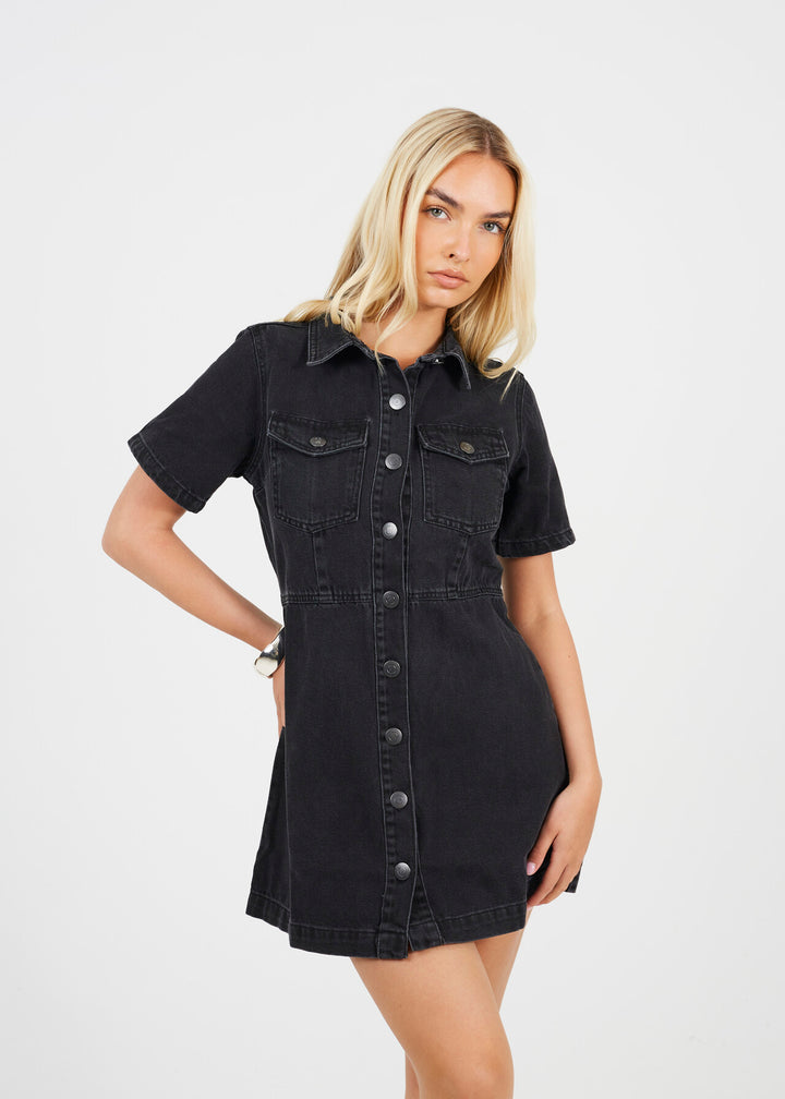 BUTTON DOWN COLLARED  SHORT SLEEVE DENIM DRESS, BLACK