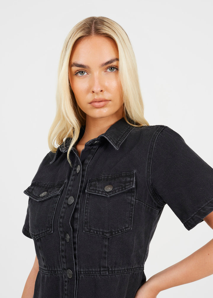 BUTTON DOWN COLLARED  SHORT SLEEVE DENIM DRESS, BLACK