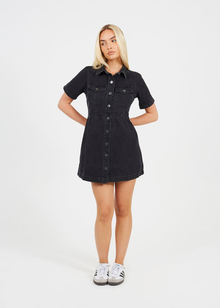 BUTTON DOWN COLLARED  SHORT SLEEVE DENIM DRESS, BLACK