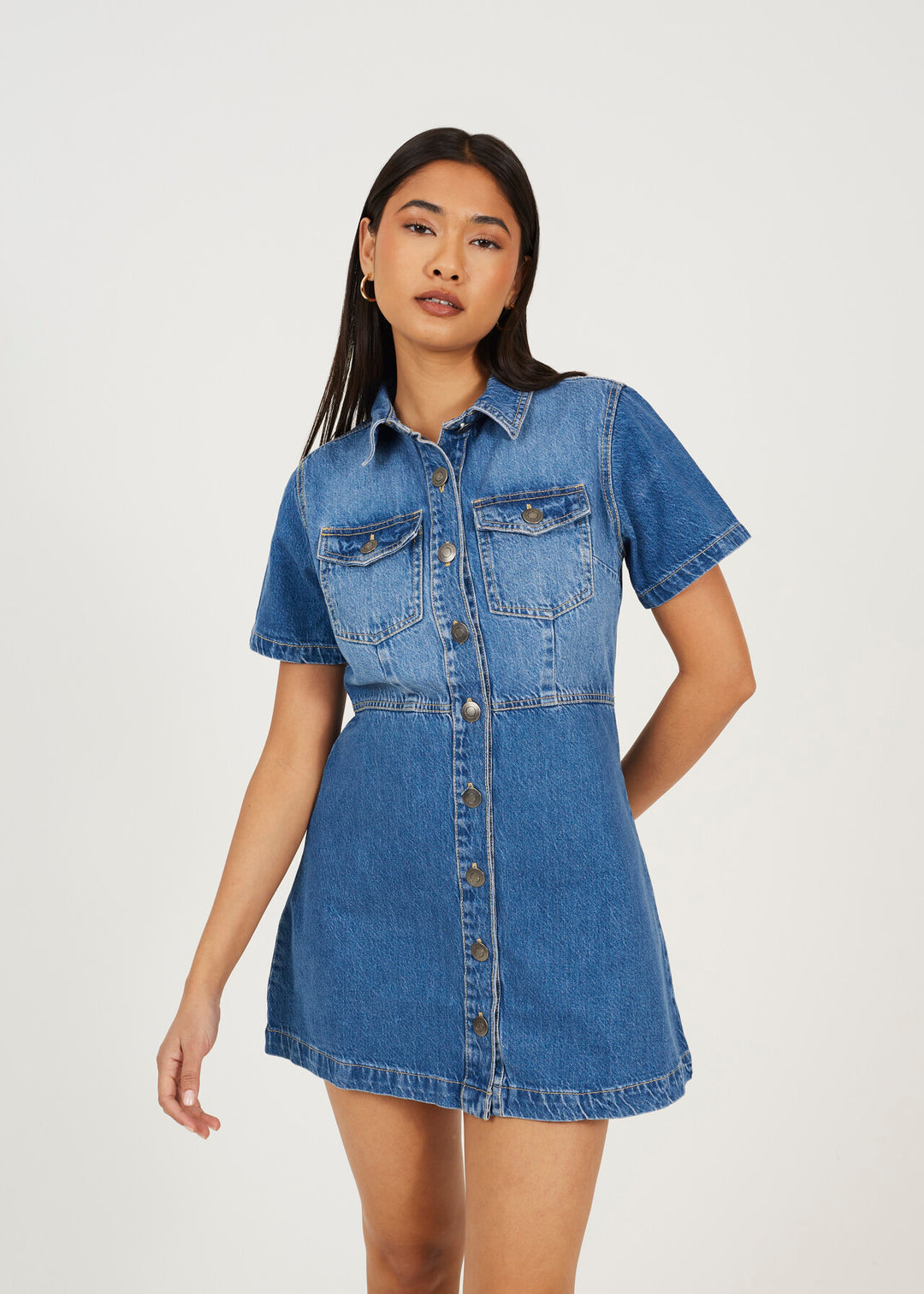 BUTTON DOWN COLLARED  SHORT SLEEVE DENIM DRESS, MID BLUE
