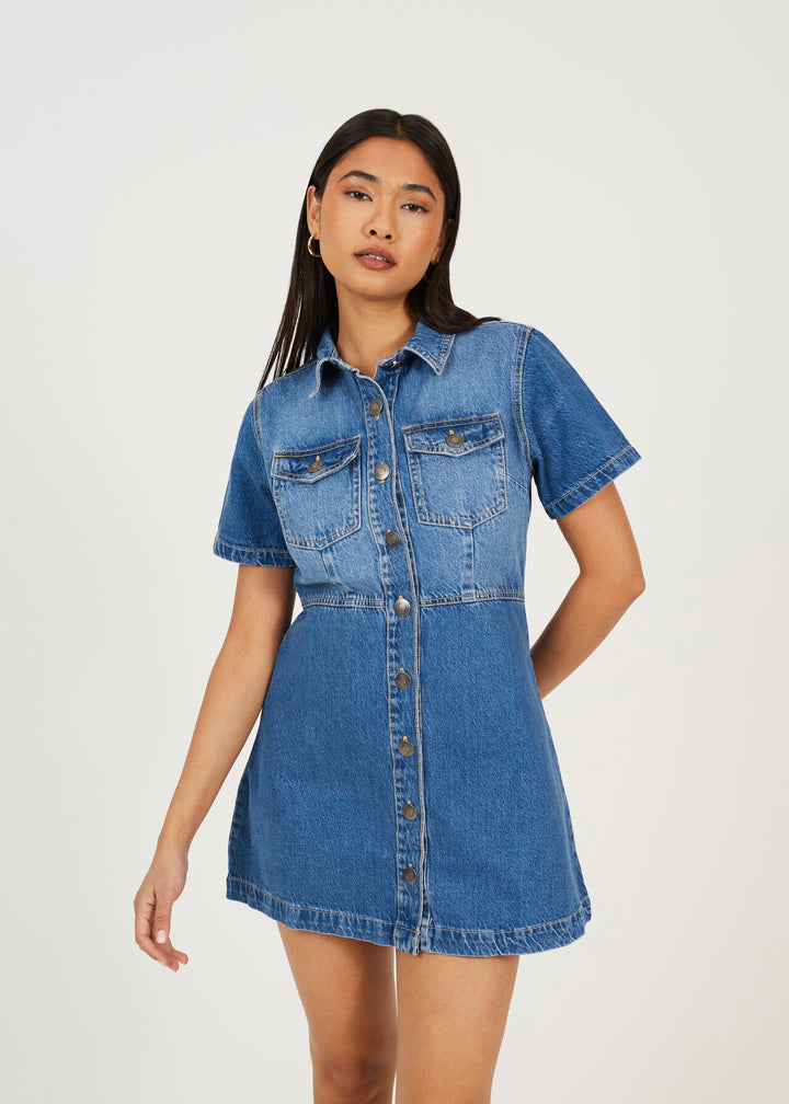 BUTTON DOWN COLLARED  SHORT SLEEVE DENIM DRESS, MID BLUE