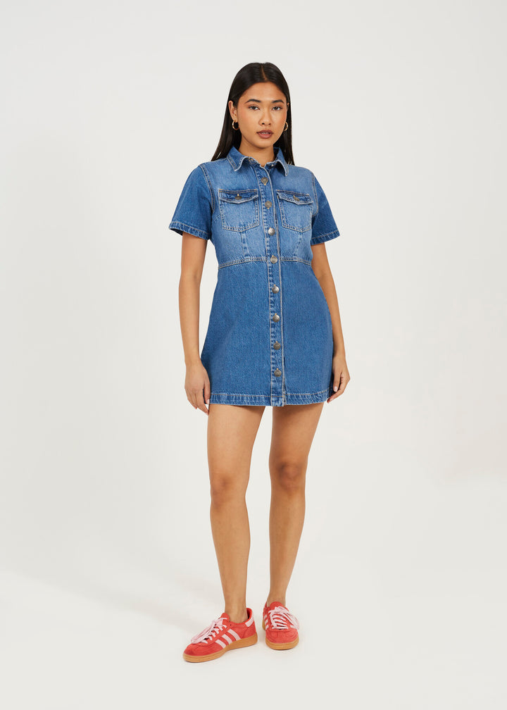 BUTTON DOWN COLLARED  SHORT SLEEVE DENIM DRESS, MID BLUE