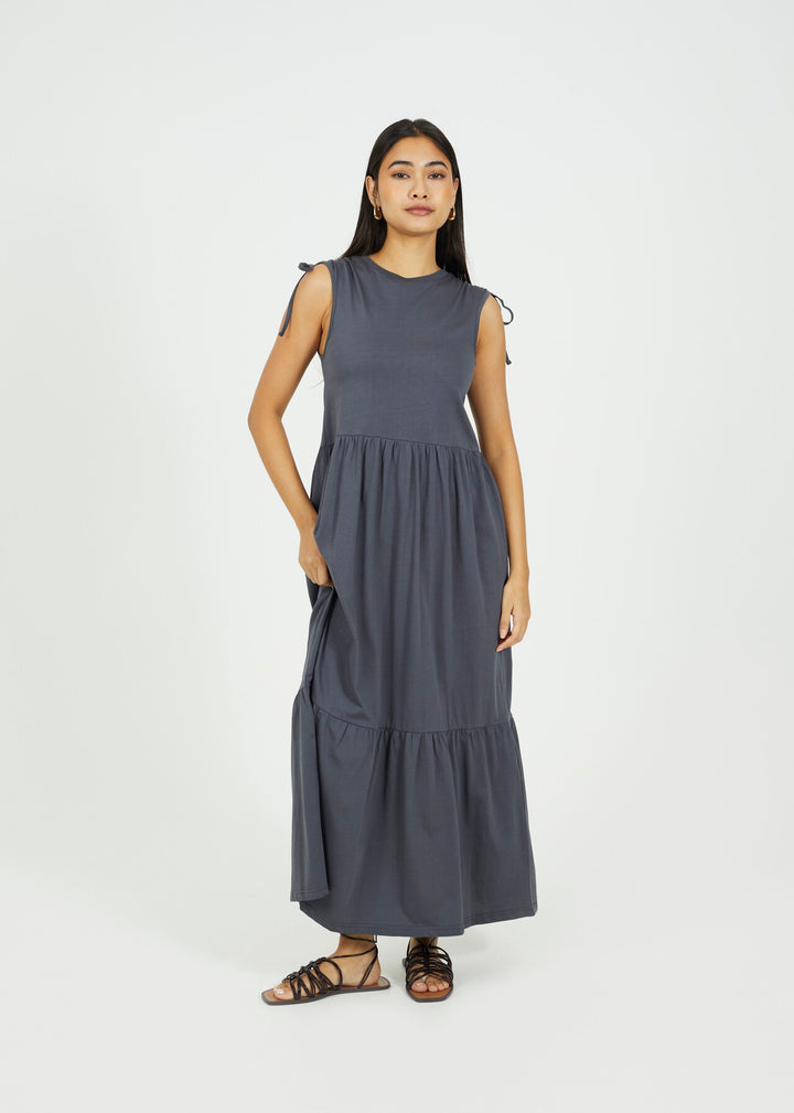CREW NECK MAXI DRESS  WITH RUCHED SHOULDER DETAIL, ASH