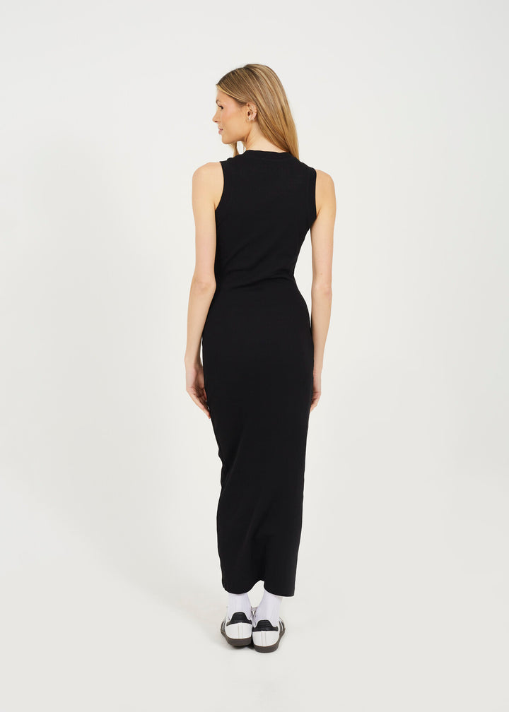 CREW NECK SLEEVELESS  RIBBED MAXI DRESS, BLACK