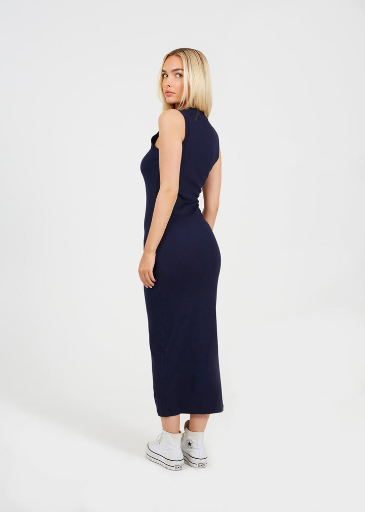 CREW NECK SLEEVELESS  RIBBED MAXI DRESS, NAVY