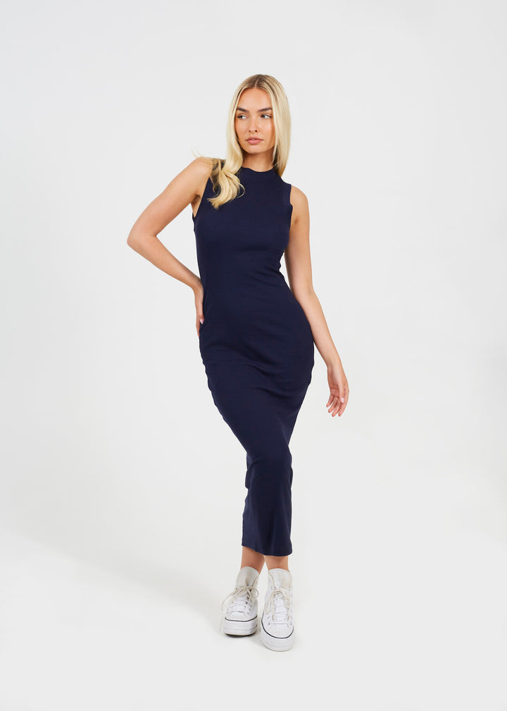 CREW NECK SLEEVELESS  RIBBED MAXI DRESS, NAVY
