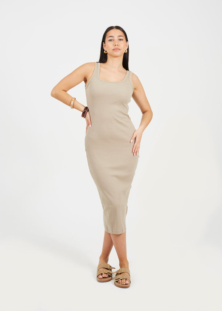 SCOOP NECK MIDI BODYCON DRESS, BEIGE