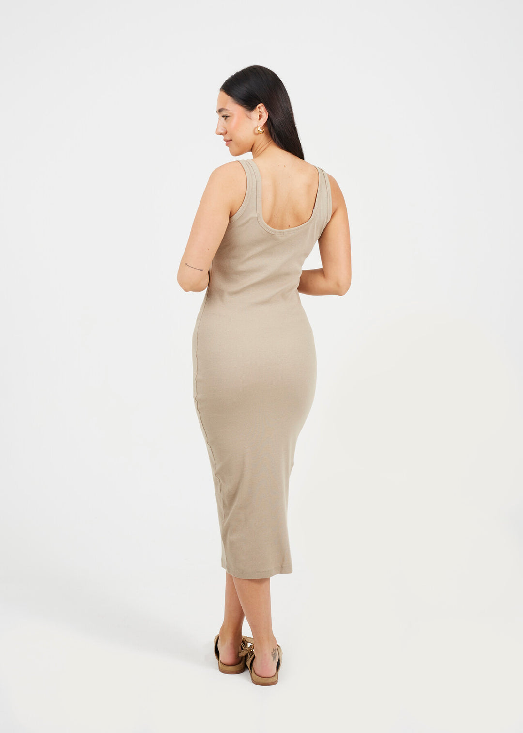 SCOOP NECK MIDI BODYCON DRESS, BEIGE