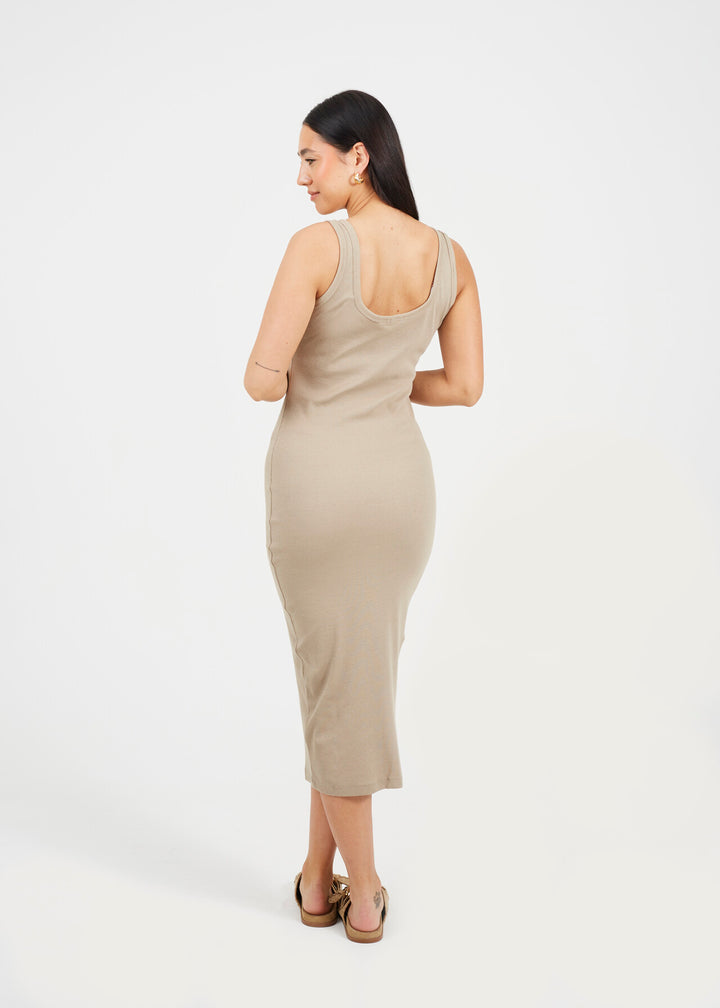 SCOOP NECK MIDI BODYCON DRESS, BEIGE