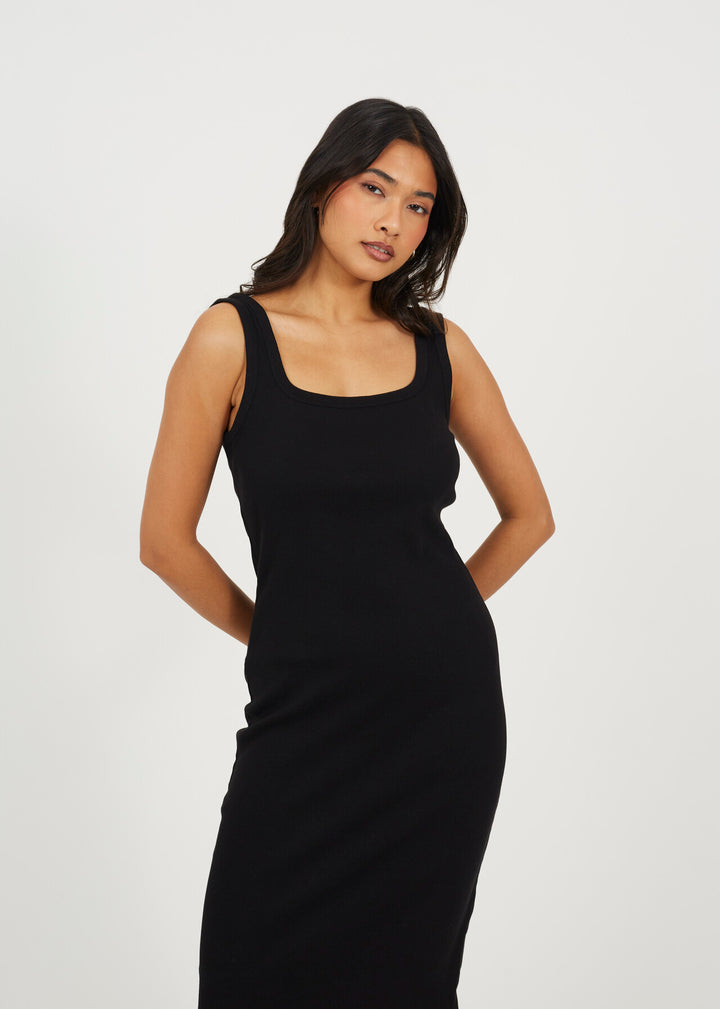 SCOOP NECK MIDI BODYCON DRESS, BLACK