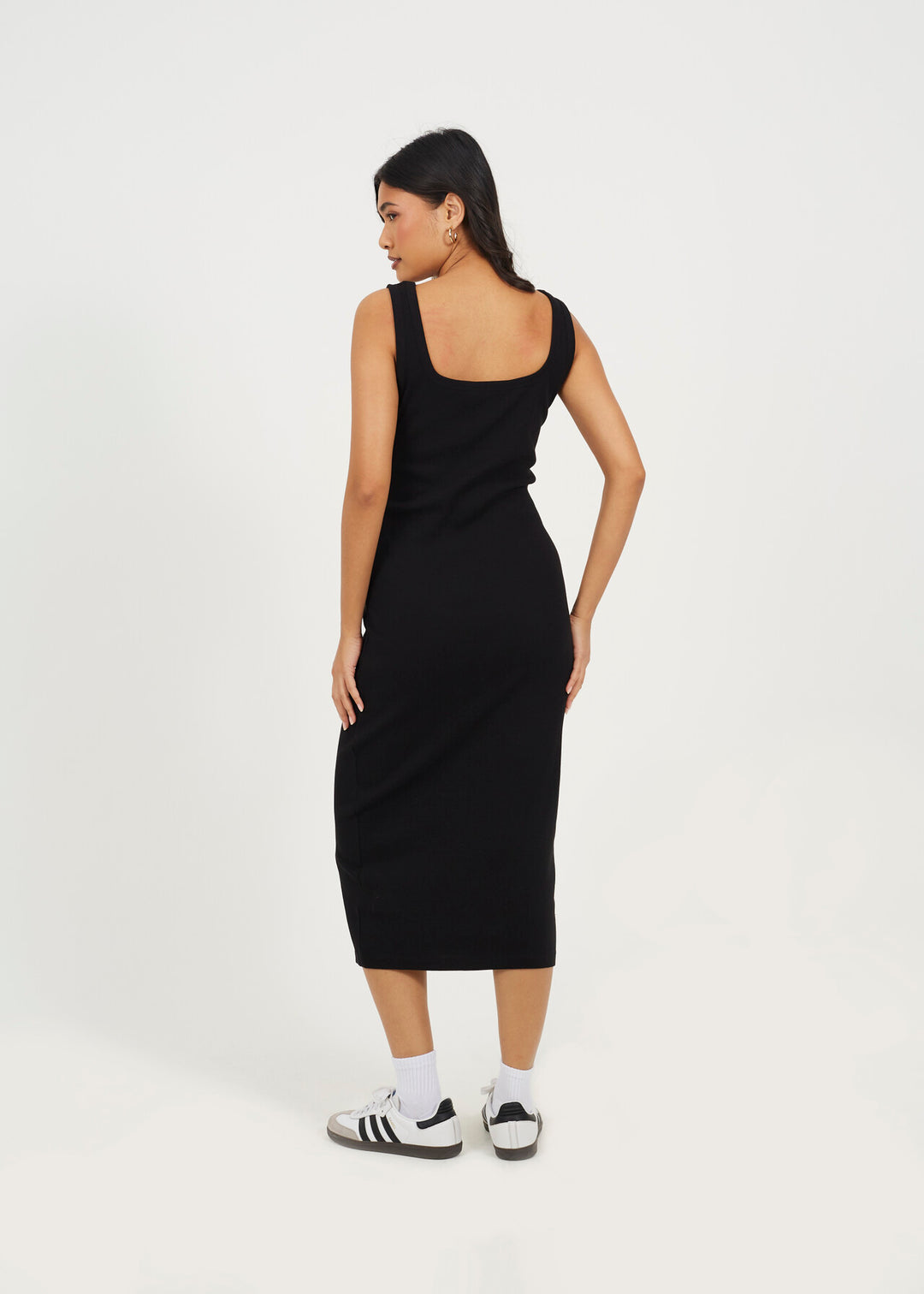 SCOOP NECK MIDI BODYCON DRESS, BLACK