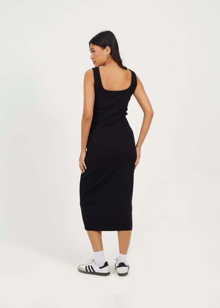 SCOOP NECK MIDI BODYCON DRESS, BLACK