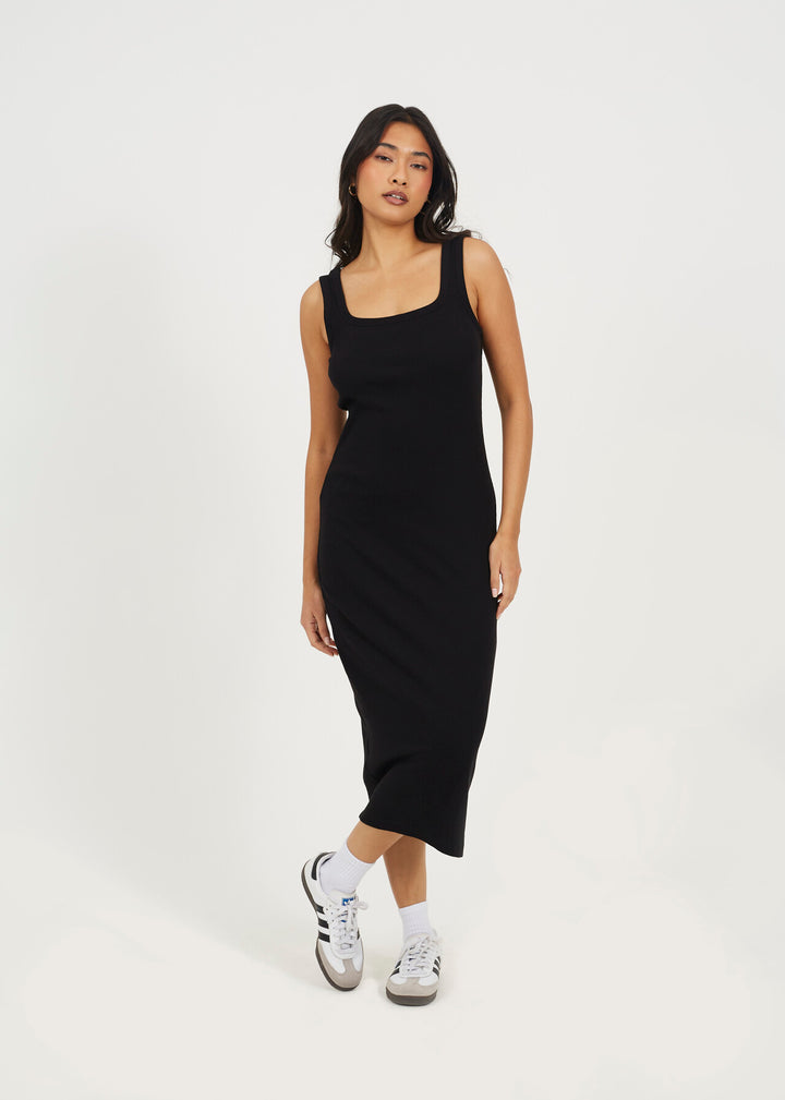 SCOOP NECK MIDI BODYCON DRESS, BLACK