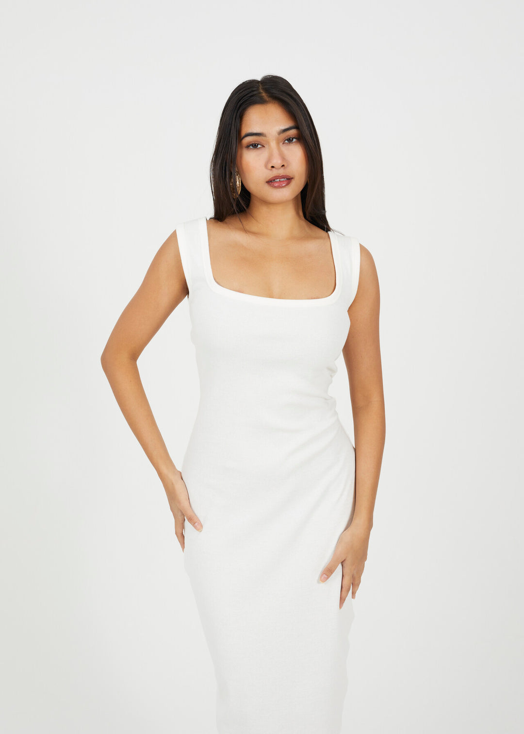 SCOOP NECK MIDI BODYCON DRESS, CREAM