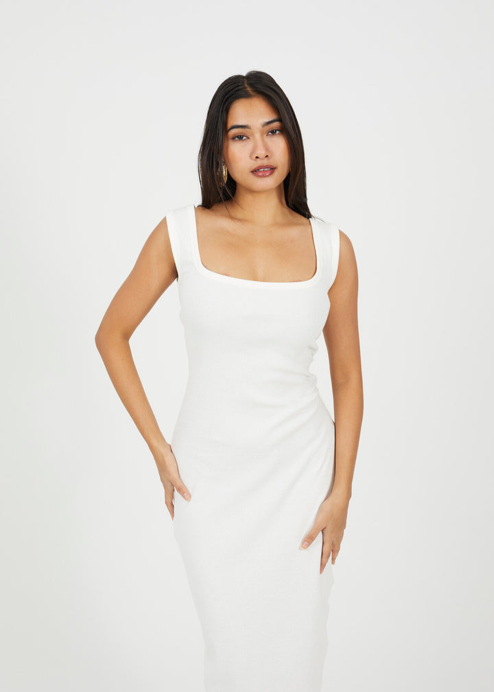 SCOOP NECK MIDI BODYCON DRESS, CREAM