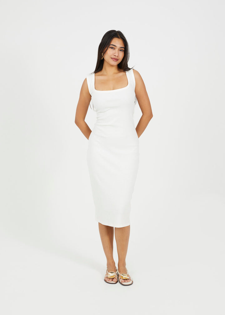 SCOOP NECK MIDI BODYCON DRESS, CREAM