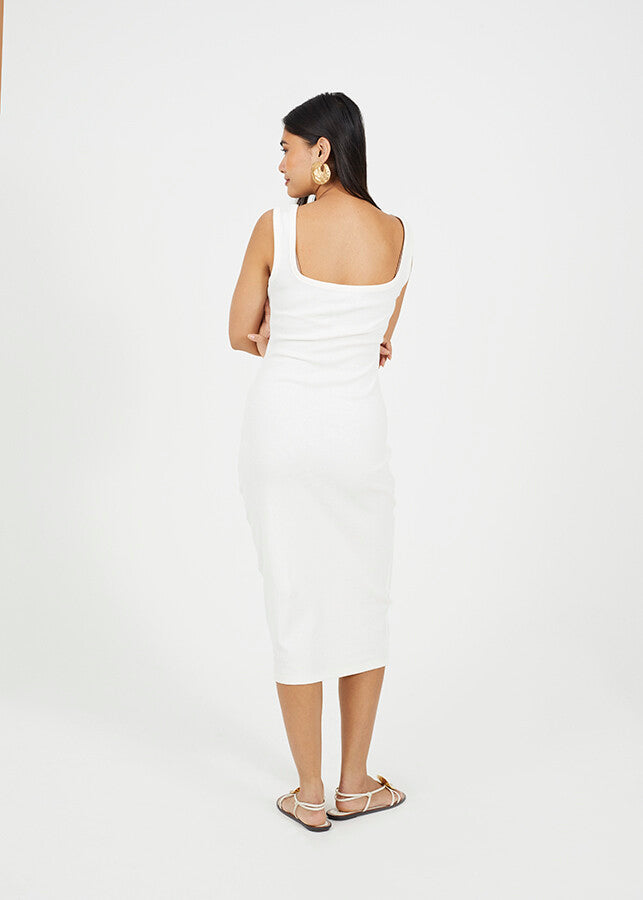 SCOOP NECK MIDI BODYCON DRESS, CREAM