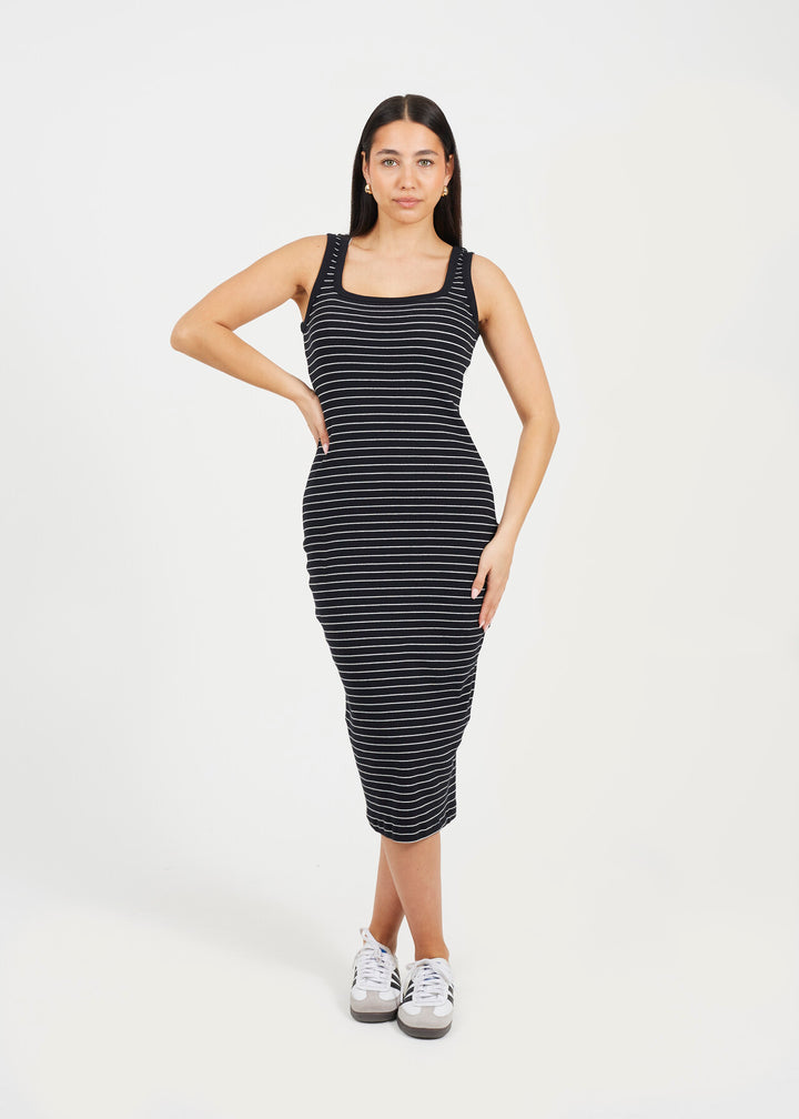 SCOOP NECK STRIPE MIDI BODYCON DRESS, BLACK/WHITE