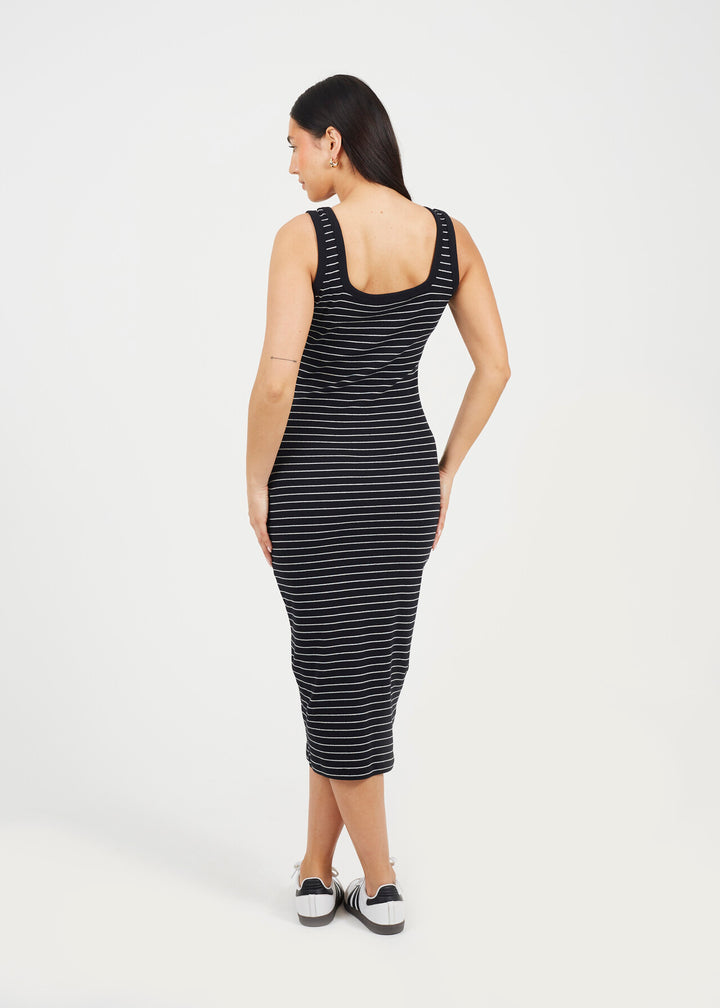 SCOOP NECK STRIPE MIDI BODYCON DRESS, BLACK/WHITE